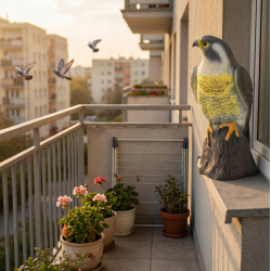 Greifvogel Attrappe als natürliche Vogelabwehr am Gebäude